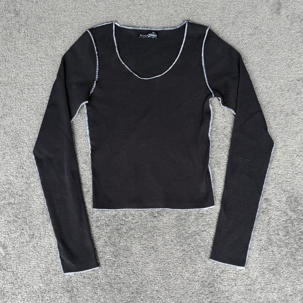 Brandy Melville Black Ribbed Long Sleeve Scoop Neck Contrast Stitch Top One Size